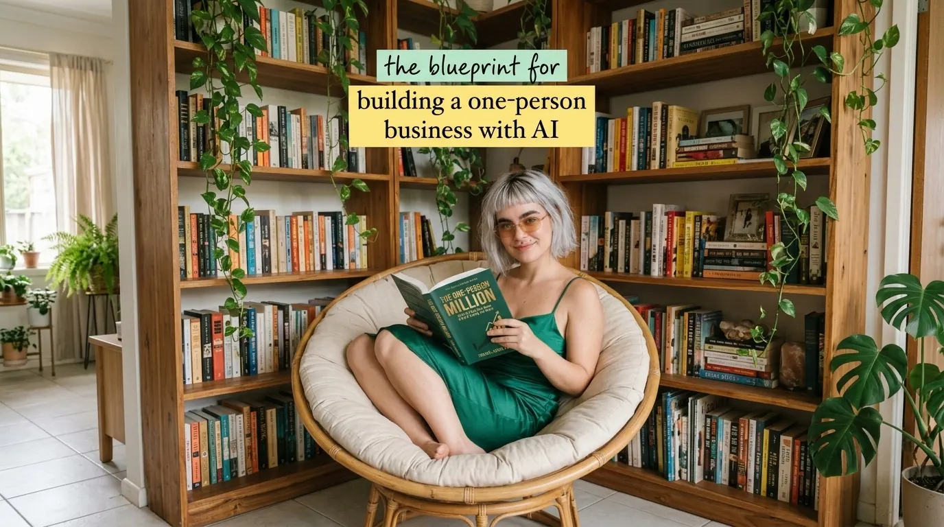 Woman reading The One-Person Million by bookshelves