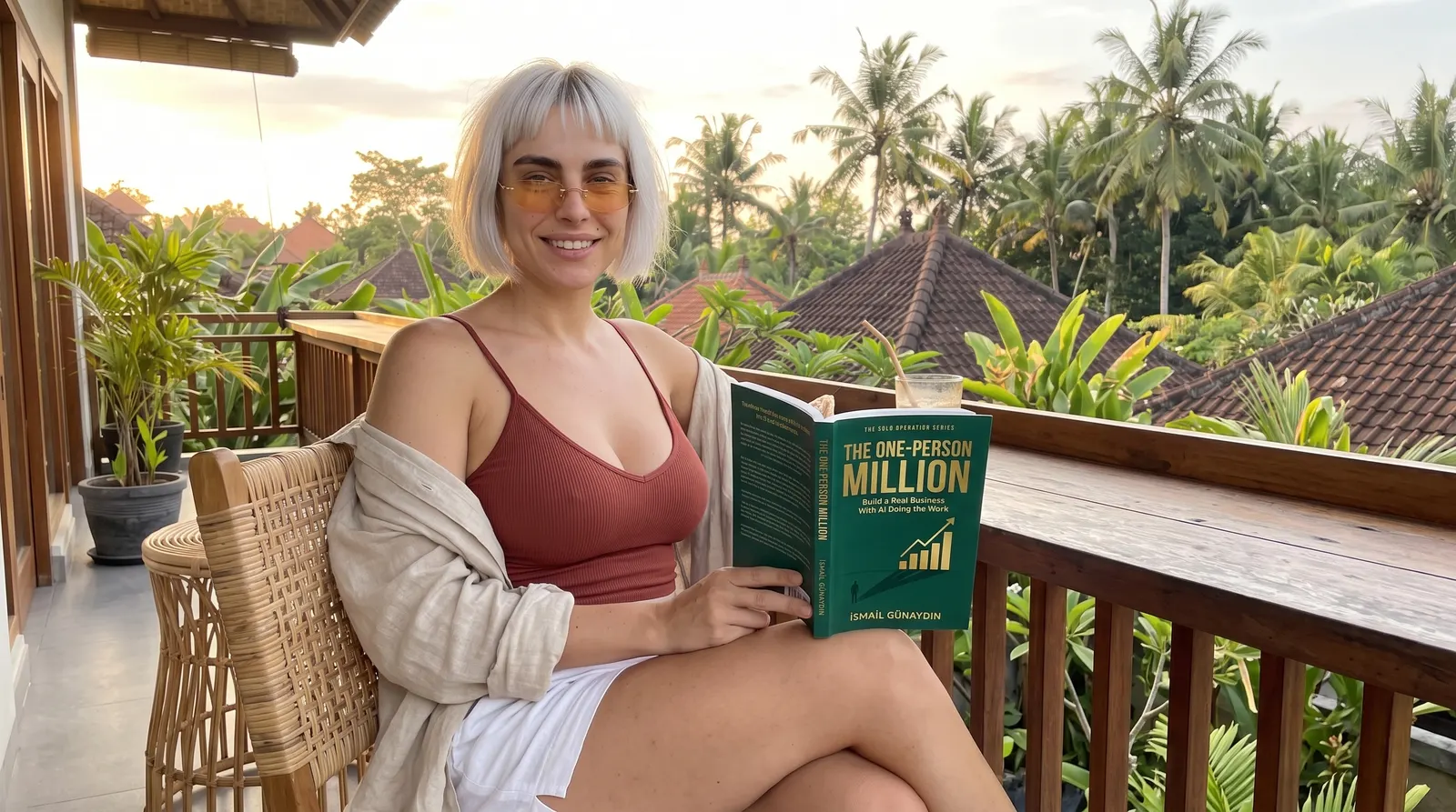 Woman reading The One-Person Million on a balcony