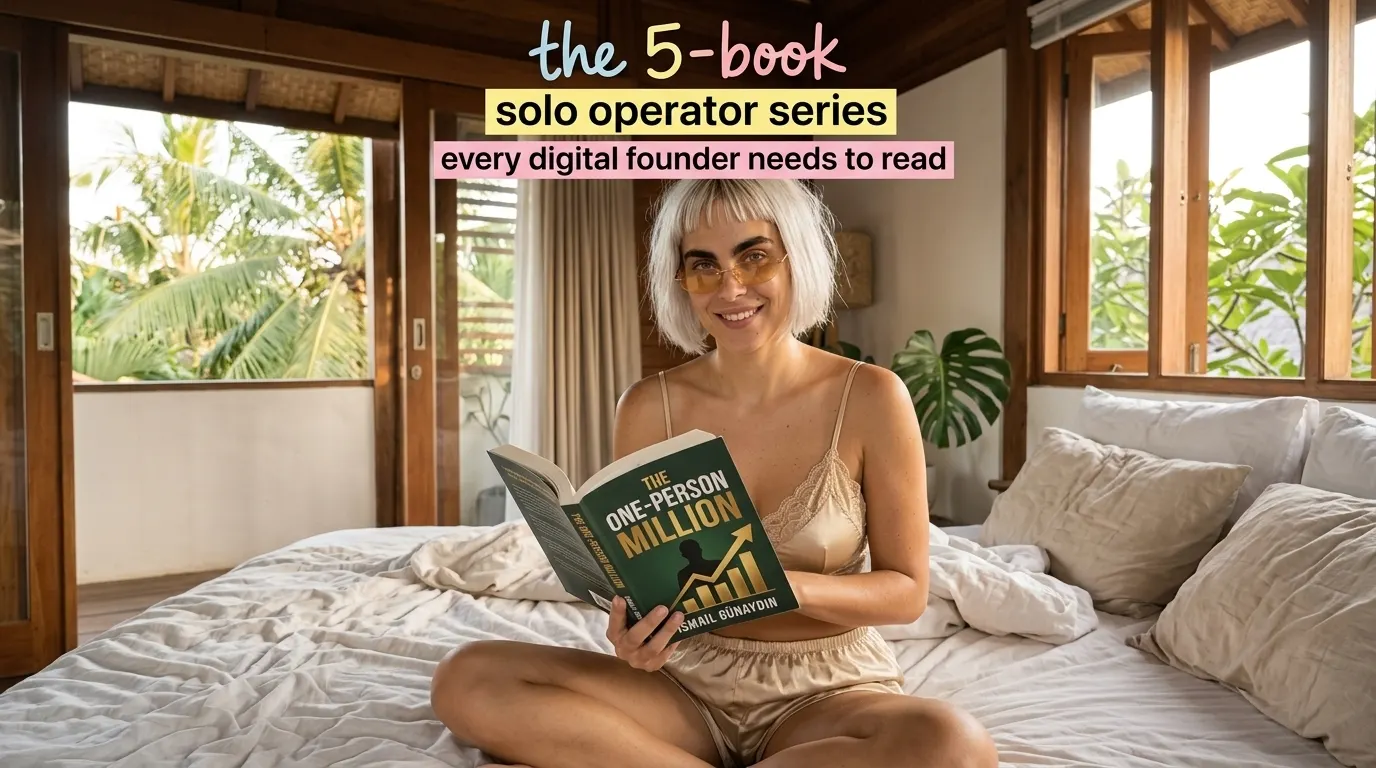 Woman reading The One-Person Million on a bed