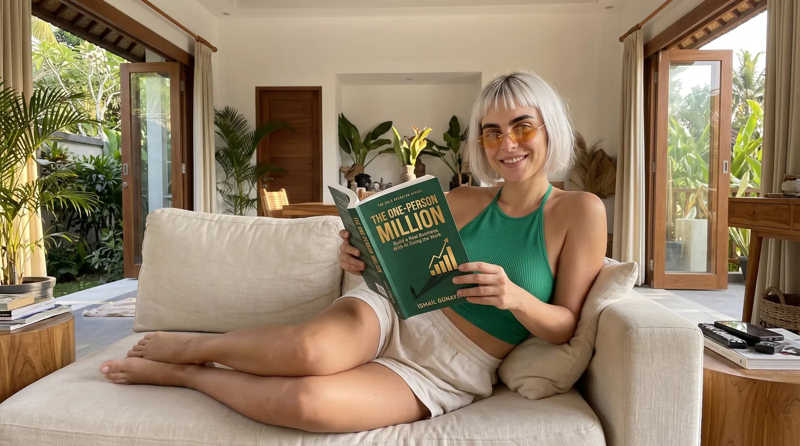 Woman reading The One-Person Million on a sofa