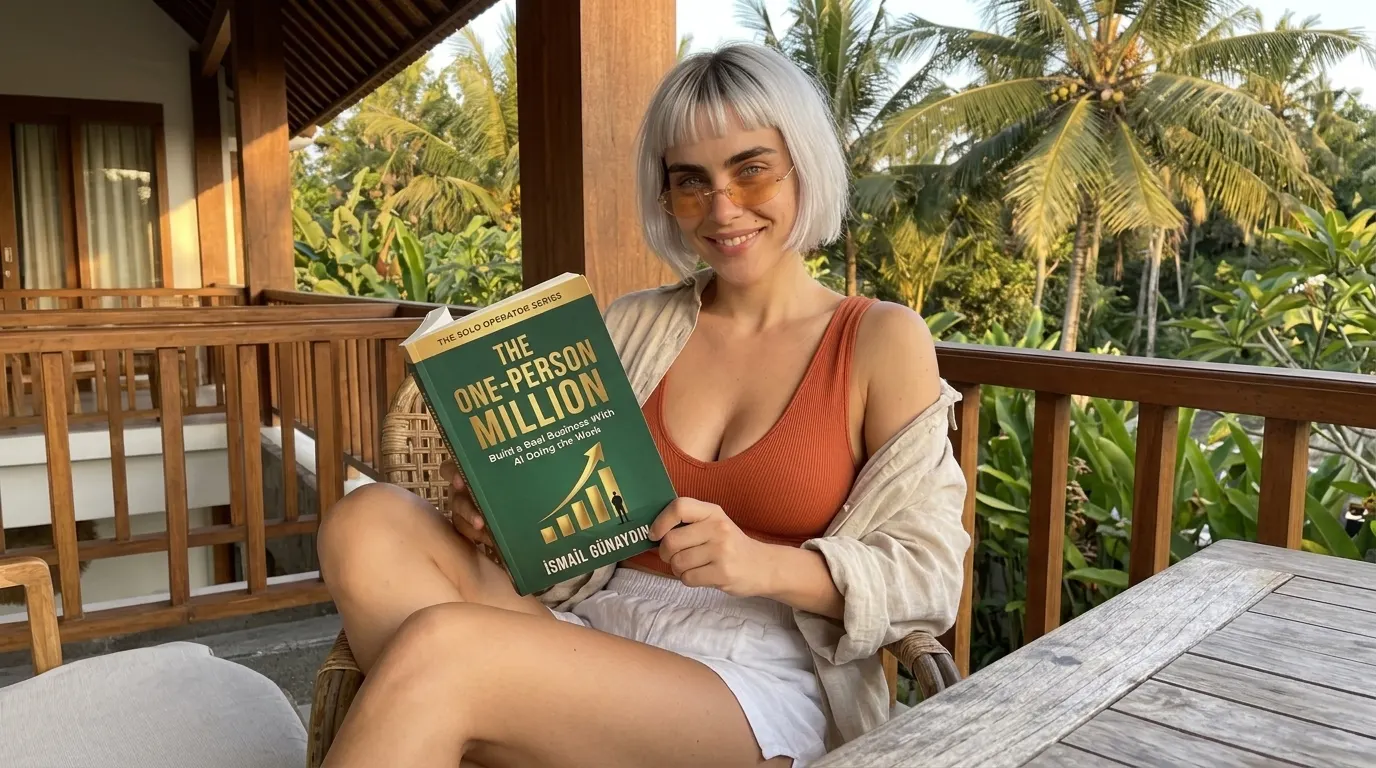 Woman reading The One-Person Million on a veranda
