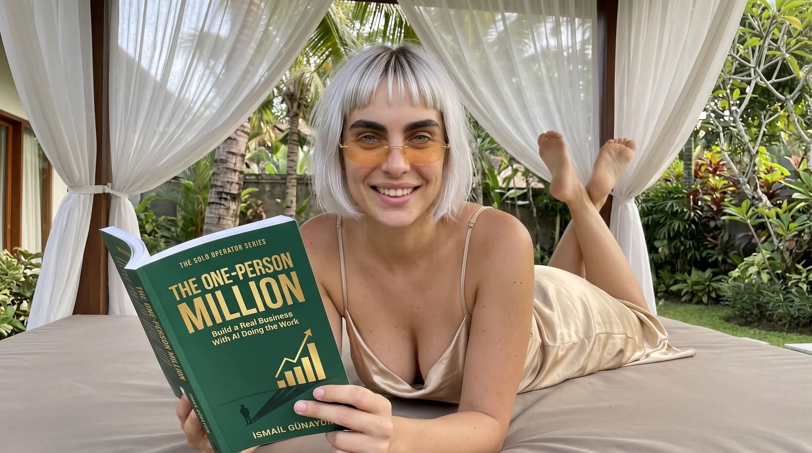 Woman reading The One-Person Million on an outdoor daybed