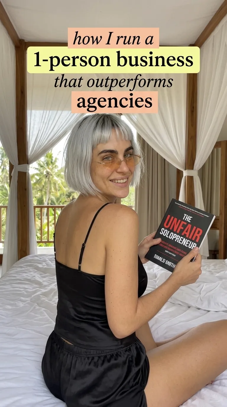 Woman holding The Unfair Solopreneur in a villa