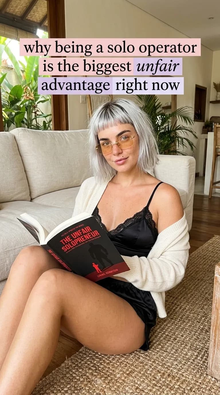 Woman reading The Unfair Solopreneur at home