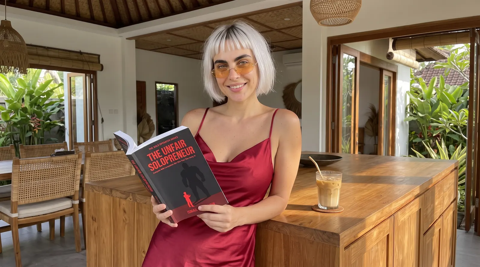 Woman reading The Unfair Solopreneur at a kitchen island