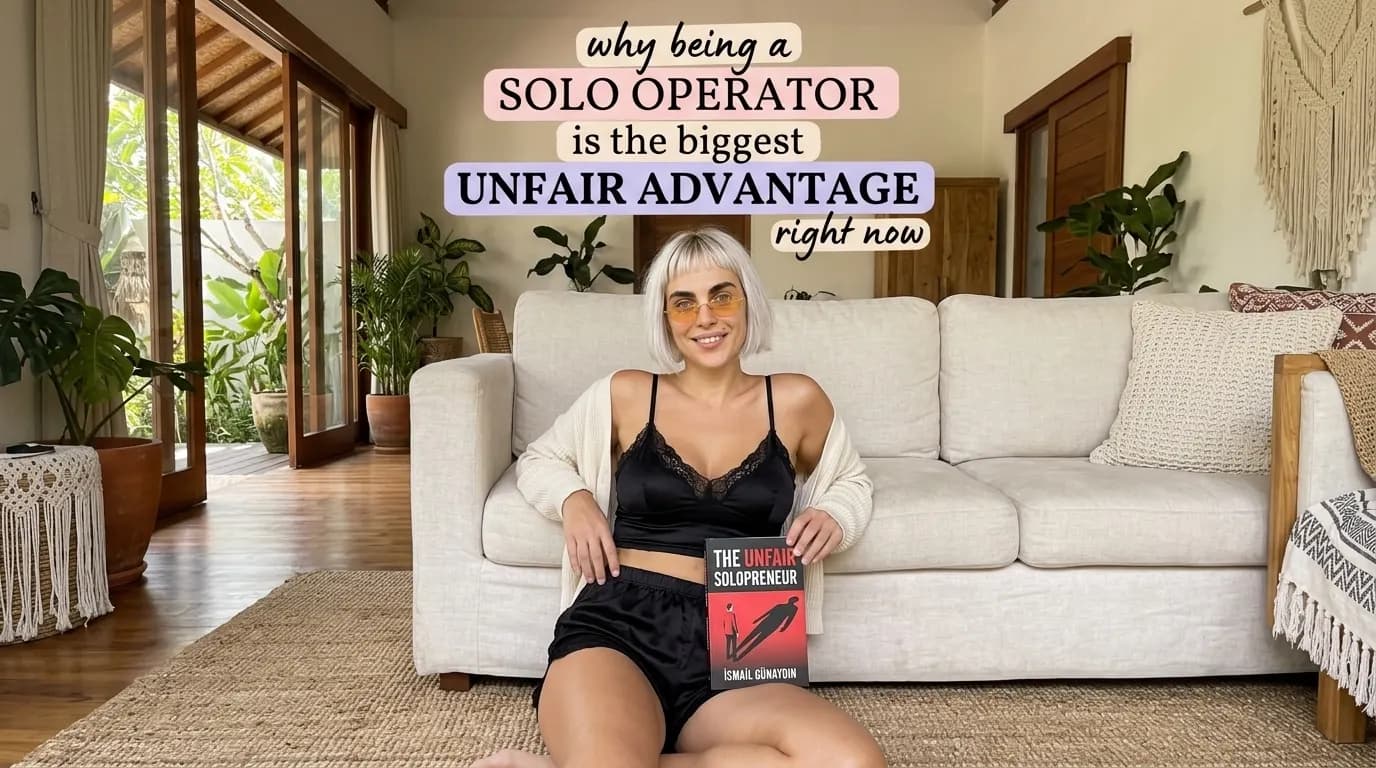 Woman reading The Unfair Solopreneur by a sofa