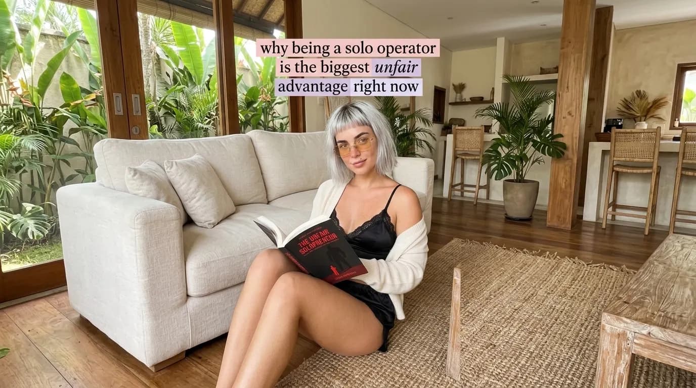 Woman reading The Unfair Solopreneur in a living room