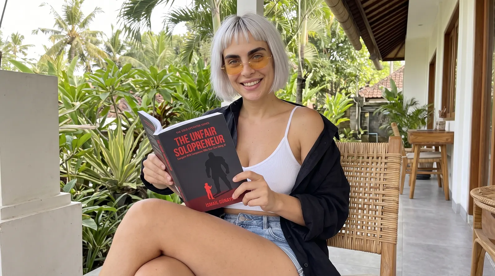 Woman reading The Unfair Solopreneur on a balcony