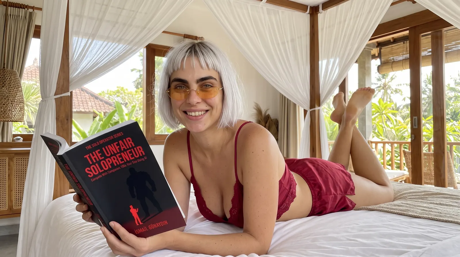 Woman reading The Unfair Solopreneur on a canopy bed