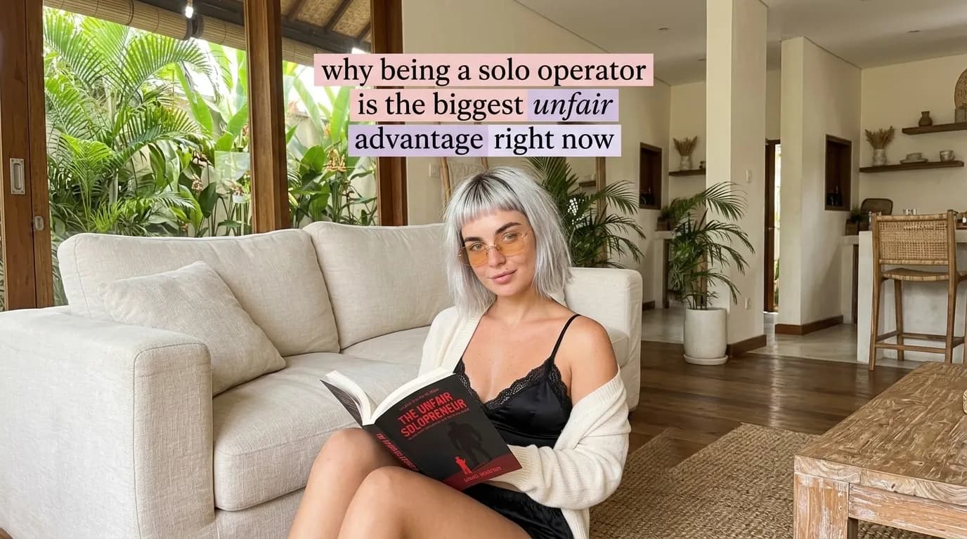 Woman reading The Unfair Solopreneur on a sofa