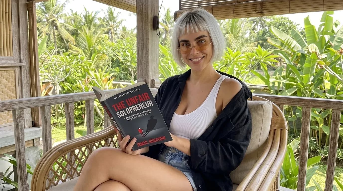 Woman reading The Unfair Solopreneur on a veranda