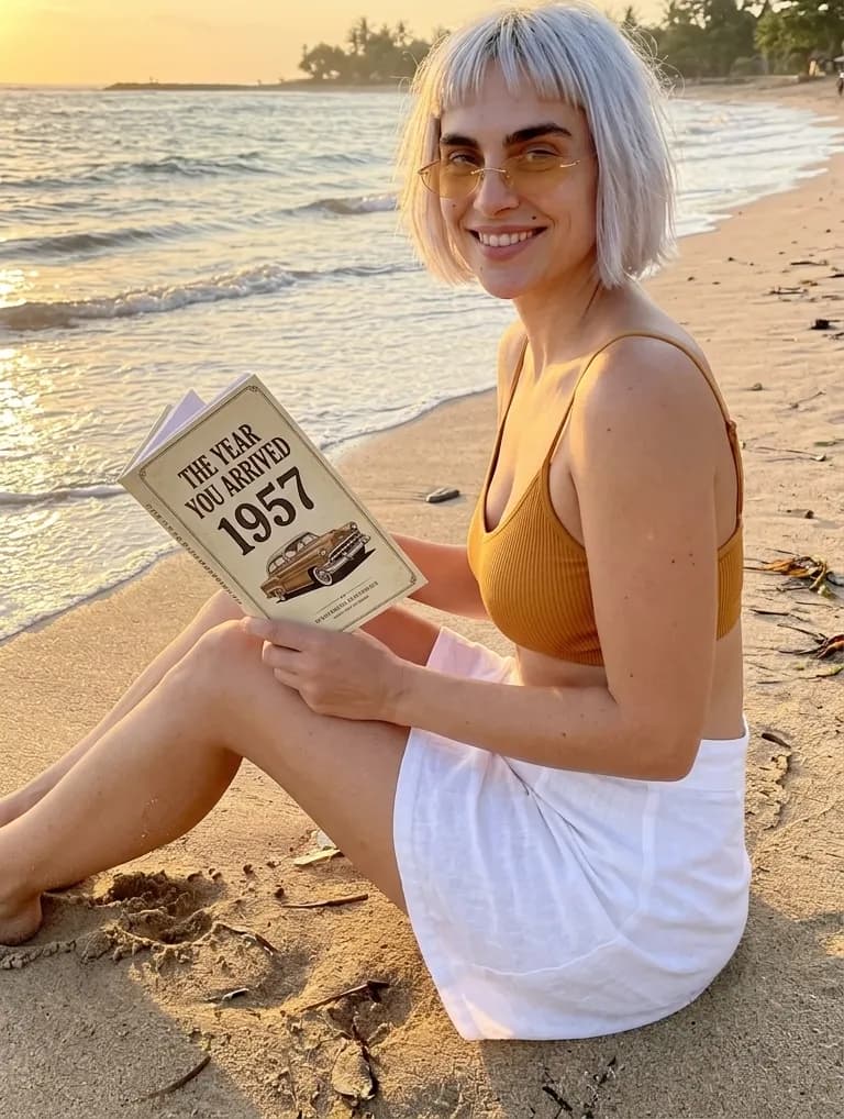 Woman reading The Year You Arrived: 1957 on a beach