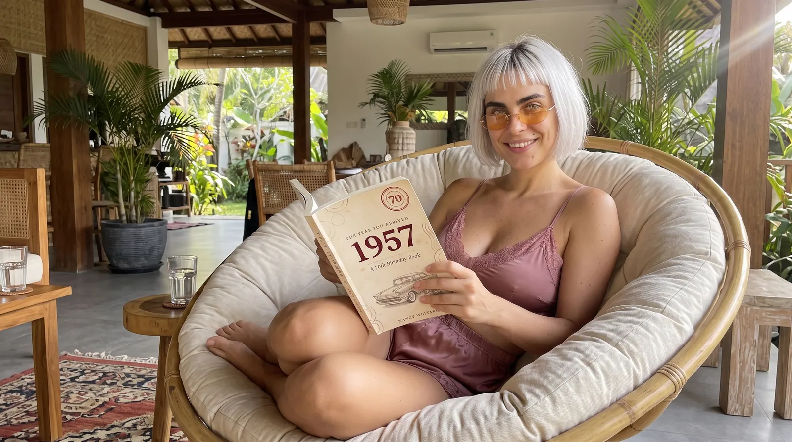 Woman reading The Year You Arrived: 1957 in a papasan chair