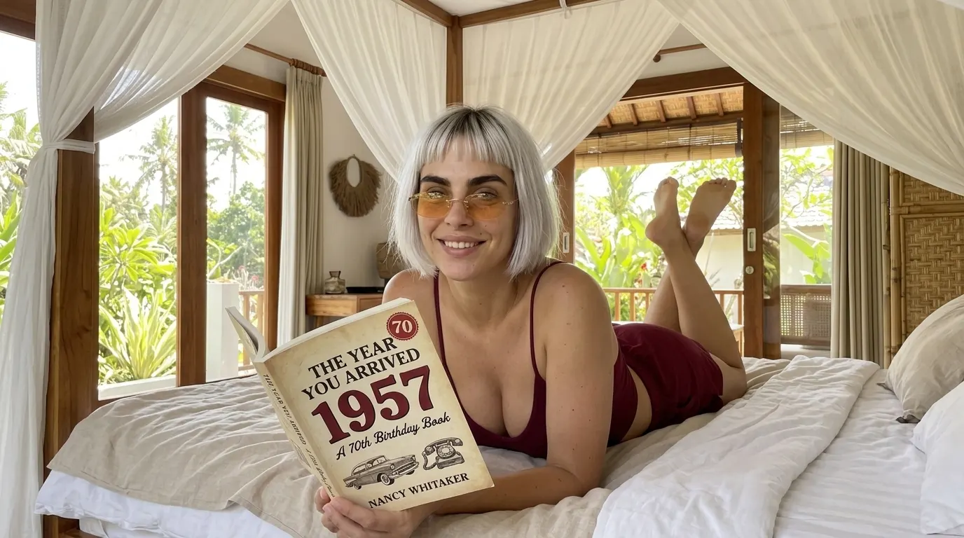 Woman lying down with The Year You Arrived: 1957 on a bed