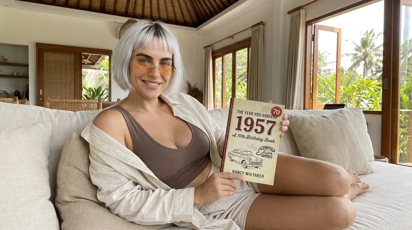 Woman reading The Year You Arrived: 1957 on a cream sofa