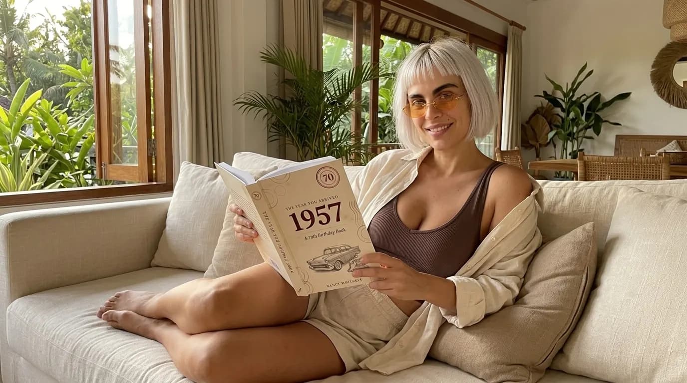 Woman reading The Year You Arrived: 1957 on a sofa