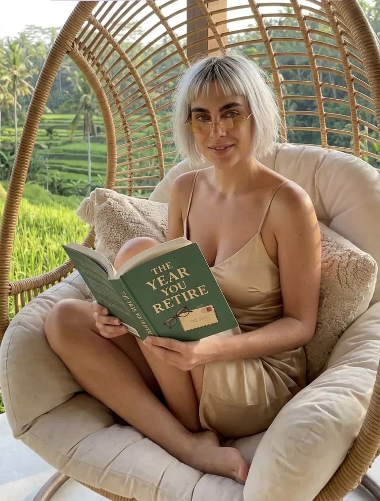 Woman reading The Year You Retire in a chair
