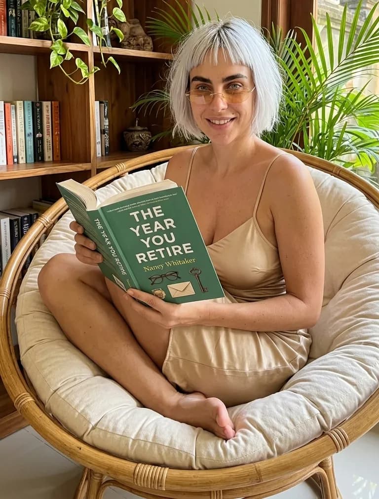 Woman reading The Year You Retire in a chair
