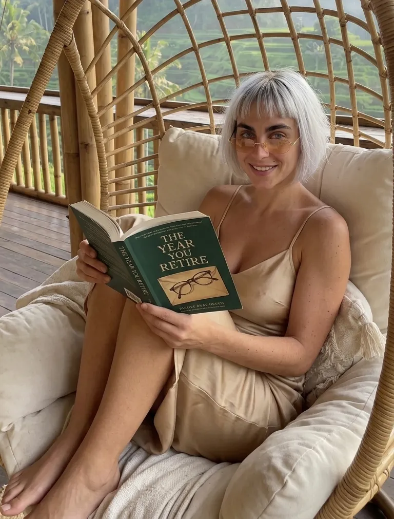 Woman reading The Year You Retire in a chair