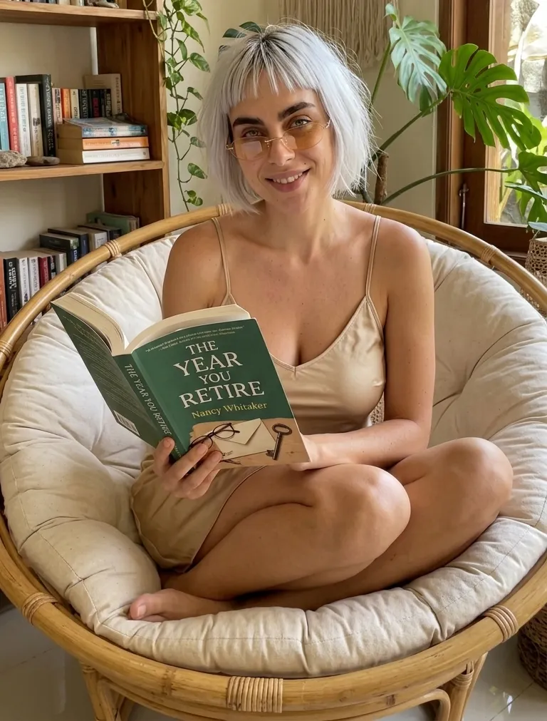 Woman reading The Year You Retire in a chair