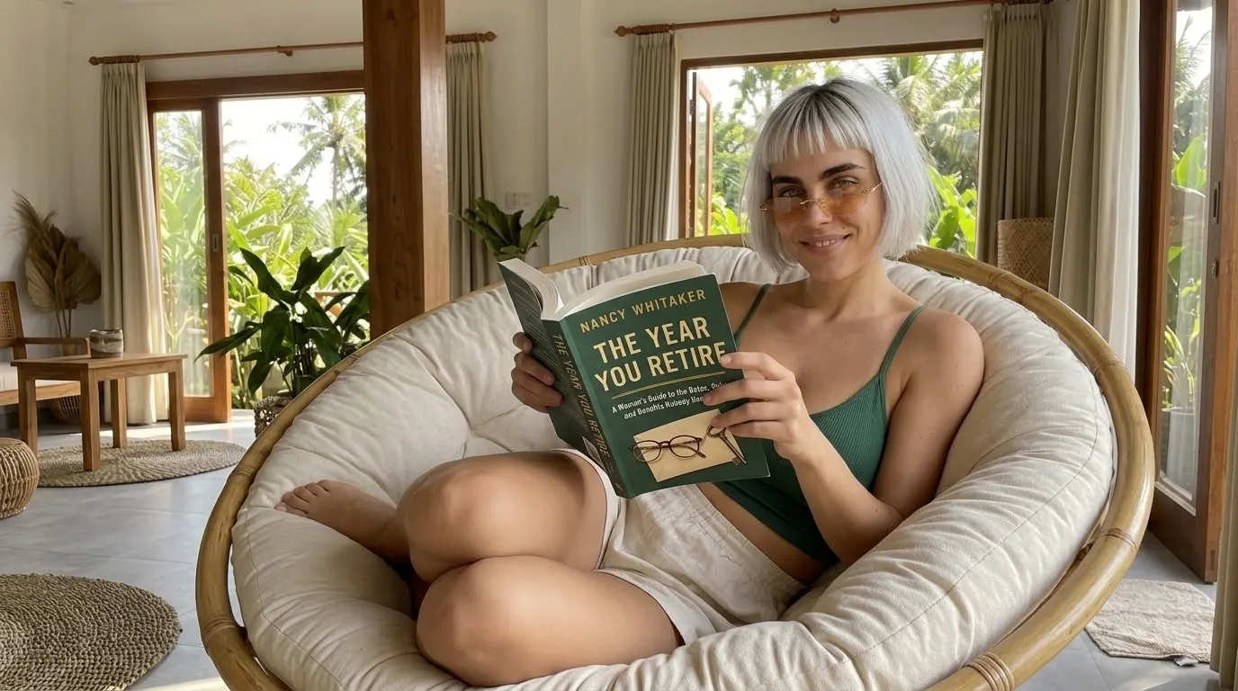 Woman reading The Year You Retire in a cushioned chair