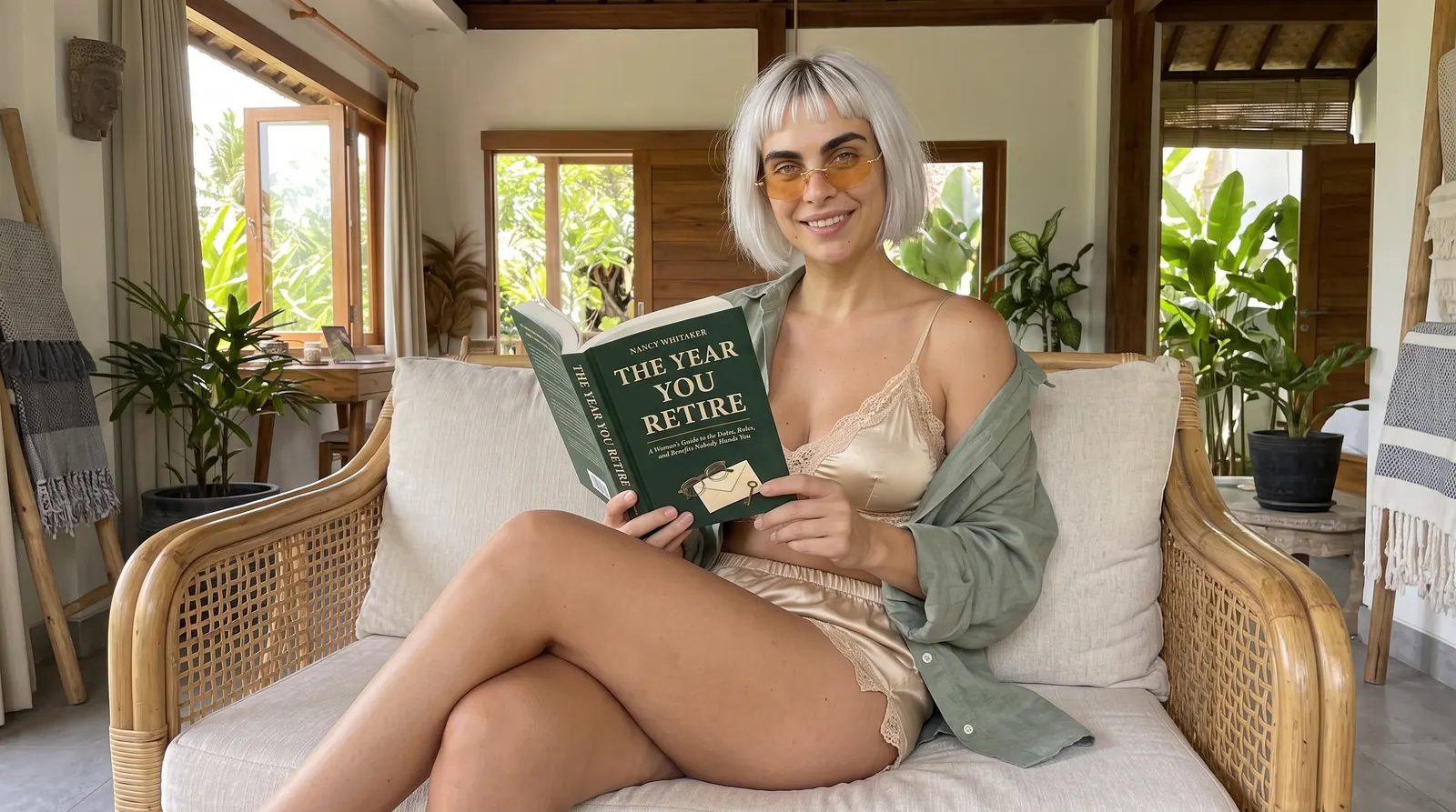 Woman reading The Year You Retire in a rattan chair