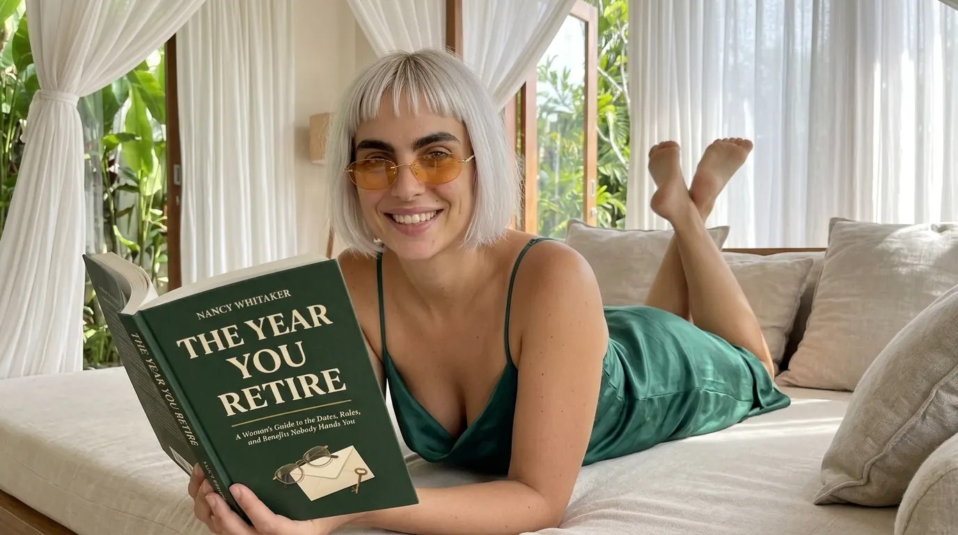 Woman reading The Year You Retire on a daybed