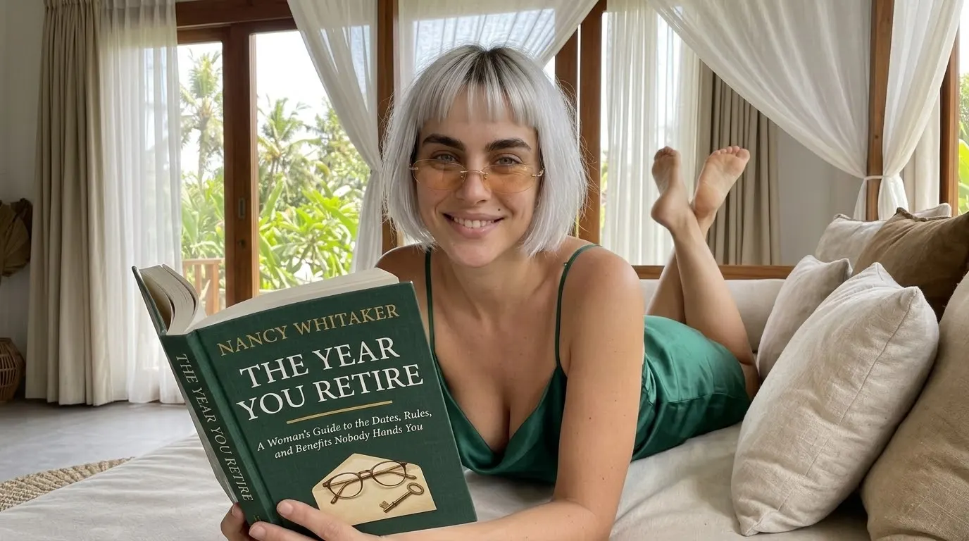 Woman reading The Year You Retire on a sofa