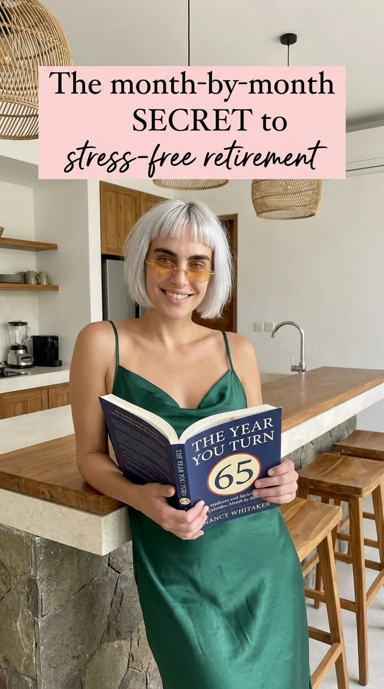 Woman holding The Year You Turn 65 in a kitchen