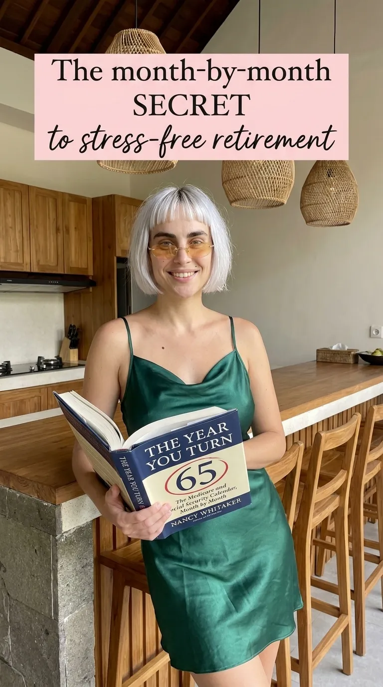 Woman holding The Year You Turn 65 in a kitchen