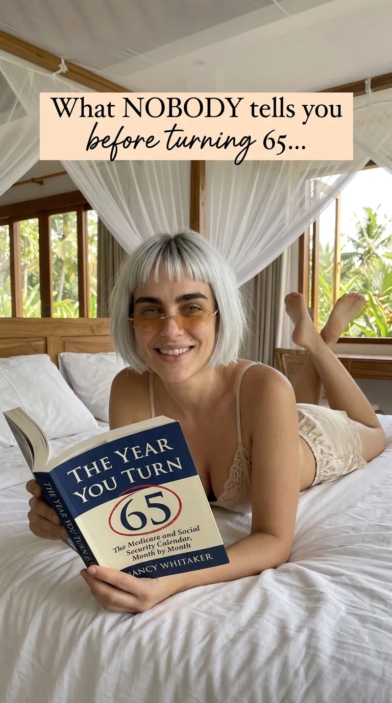Woman lying down with The Year You Turn 65 on a bed