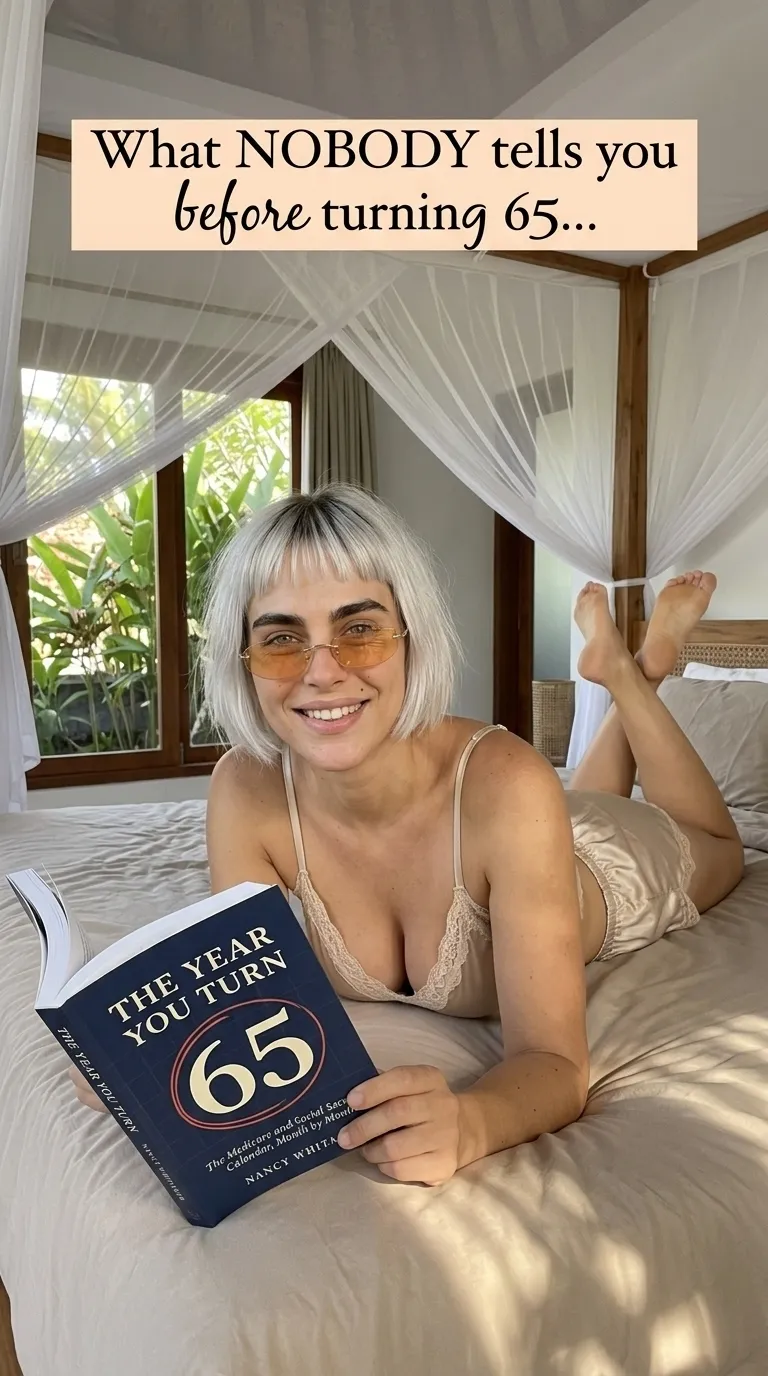 Woman reading The Year You Turn 65 at home