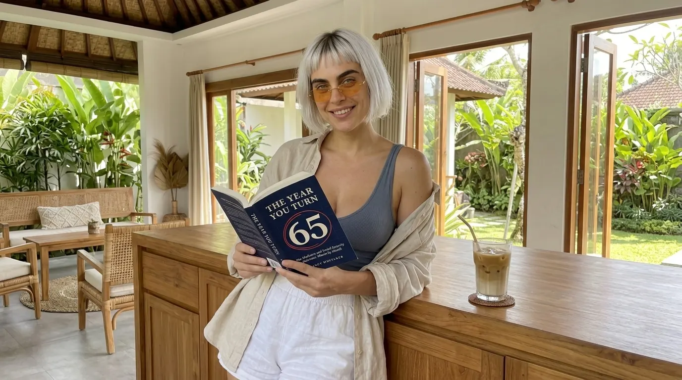 Woman reading The Year You Turn 65 at a kitchen island