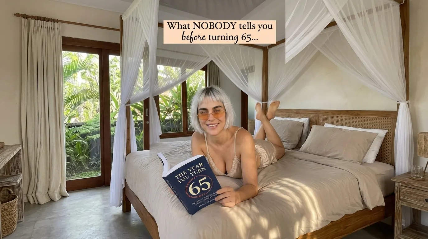 Woman reading The Year You Turn 65 on a bed