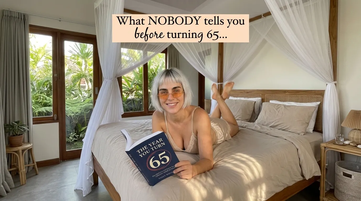 Woman reading The Year You Turn 65 on a canopy bed