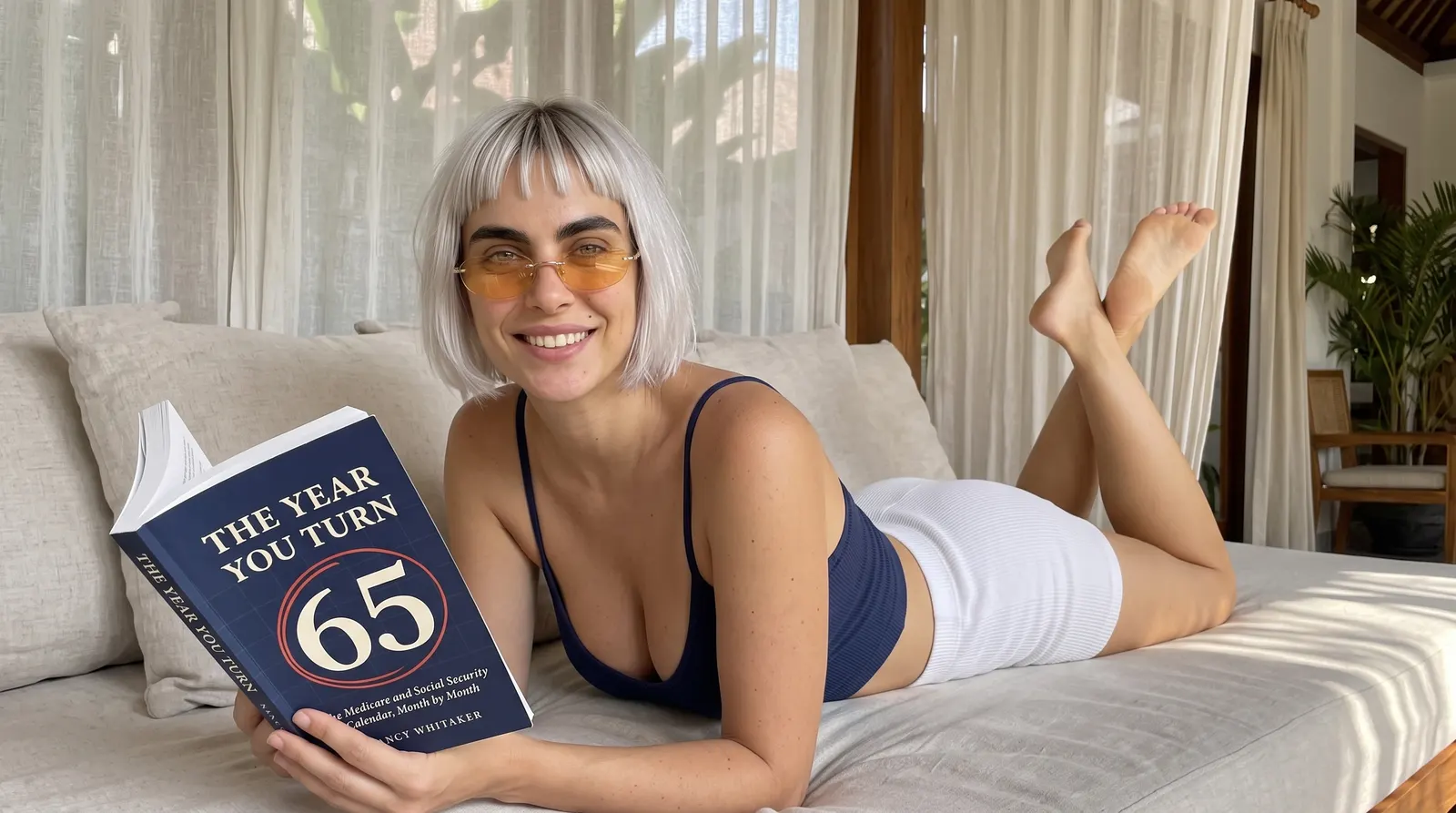 Woman reading The Year You Turn 65 on a daybed