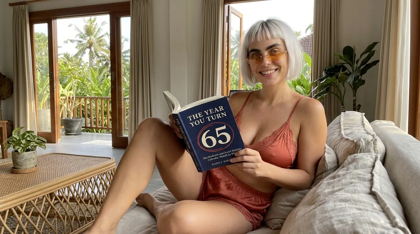 Woman reading The Year You Turn 65 on a sofa
