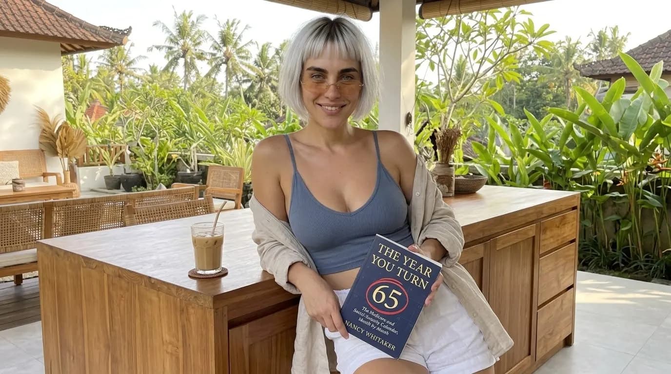 Woman reading The Year You Turn 65 on a terrace