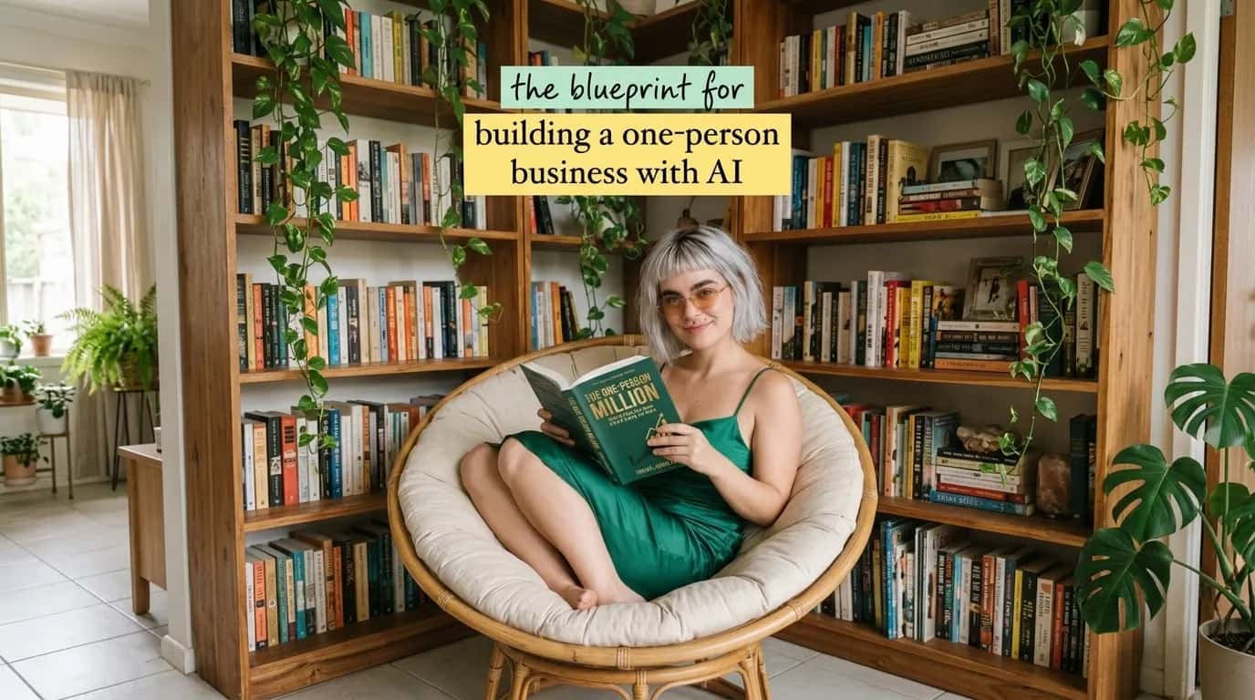 Woman reading The One-Person Million by bookshelves