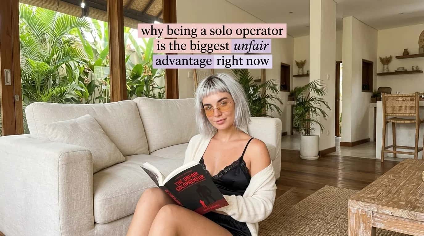 Woman reading The Unfair Solopreneur on a sofa