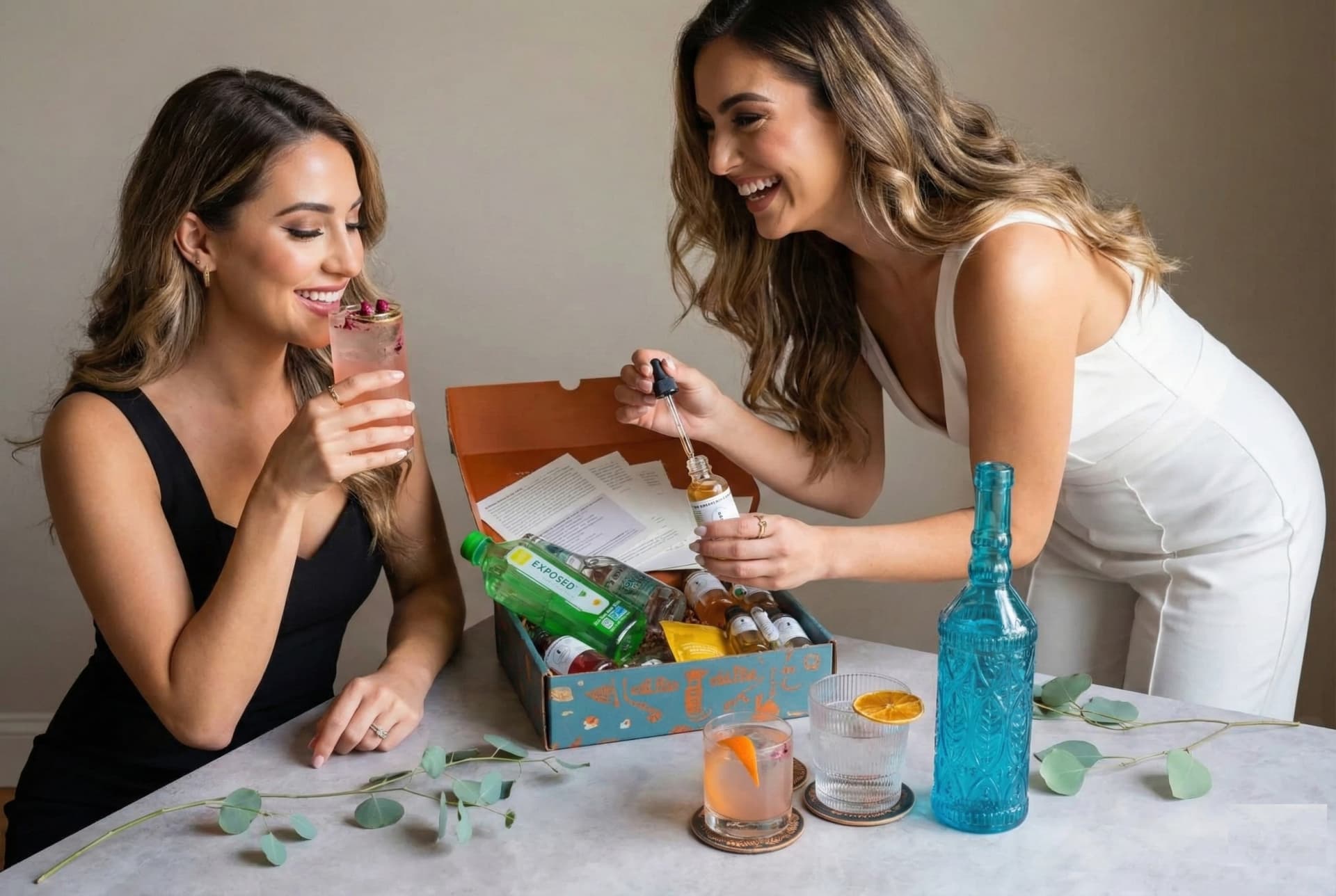 Curated bar cart with premium spirits, mixers, and wrapped cocktail gifts