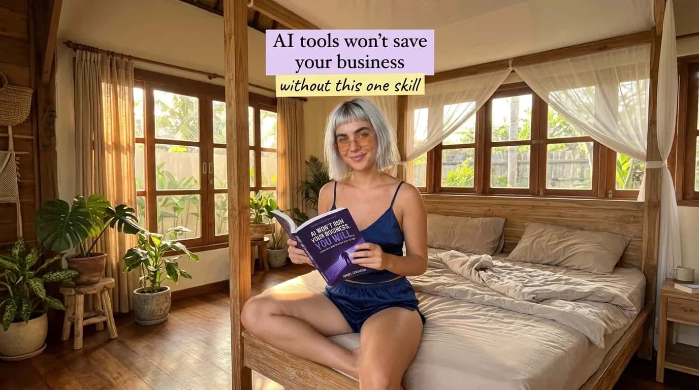Woman reading AI Won't Run Your Business. You Will. on a bed