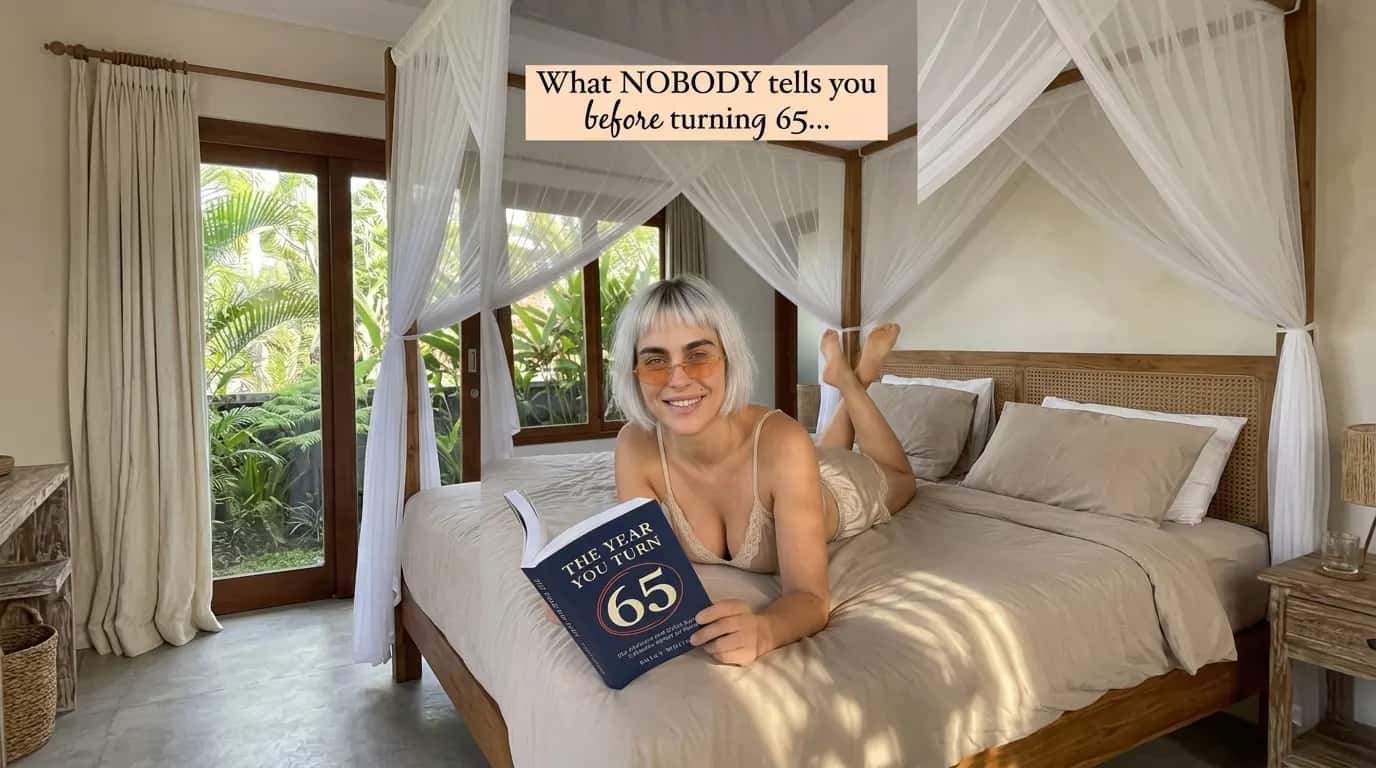 Woman reading The Year You Turn 65 on a bed