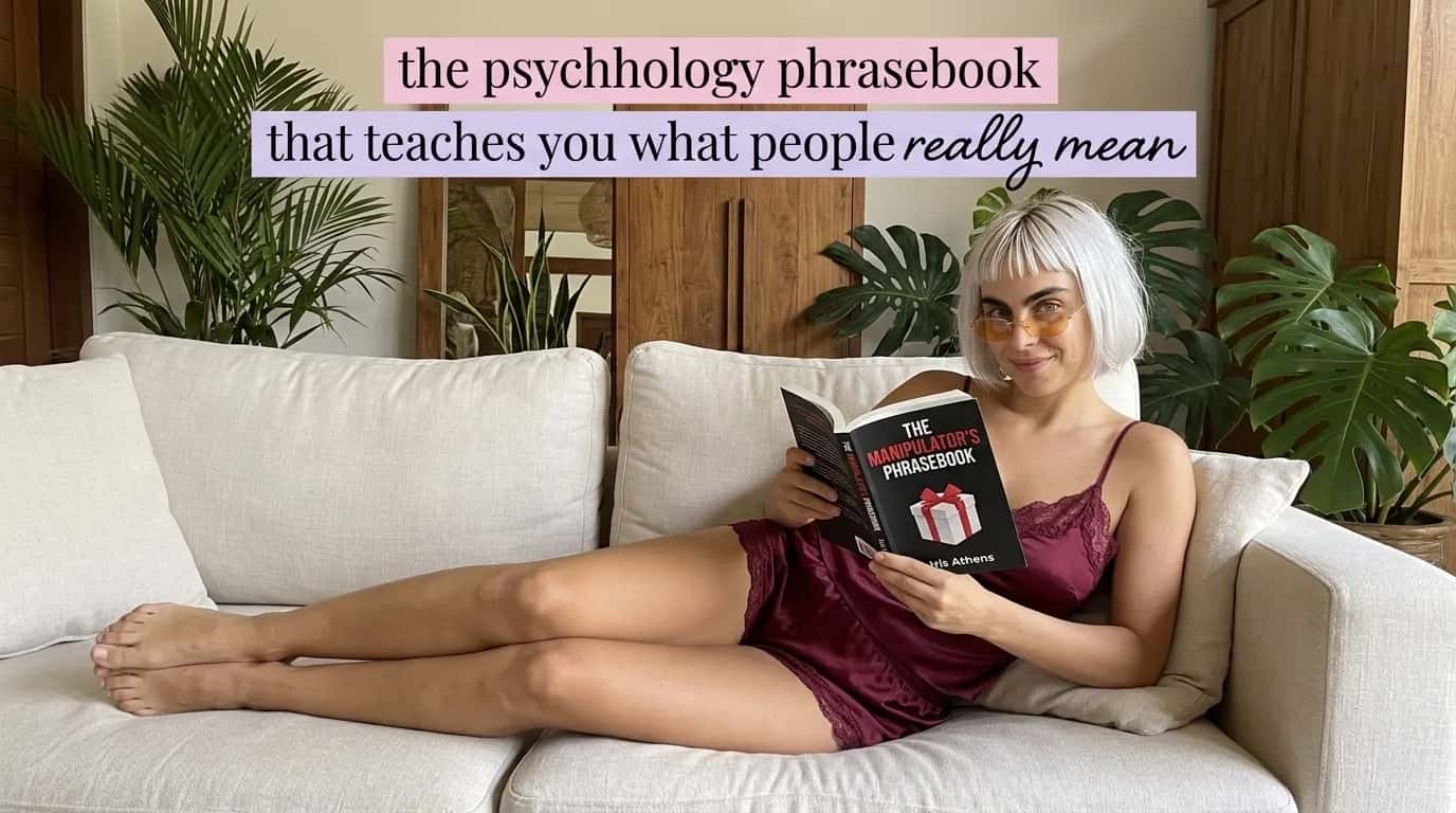 Woman reading The Manipulator's Phrasebook on a sofa