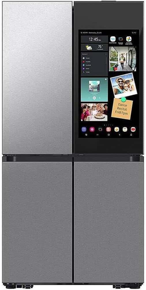 Samsung RF29DB9900QD stainless four-door smart refrigerator in a modern kitchen