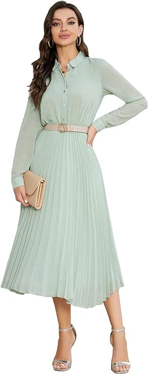 Business casual long-sleeve pleated midi shirt dress
