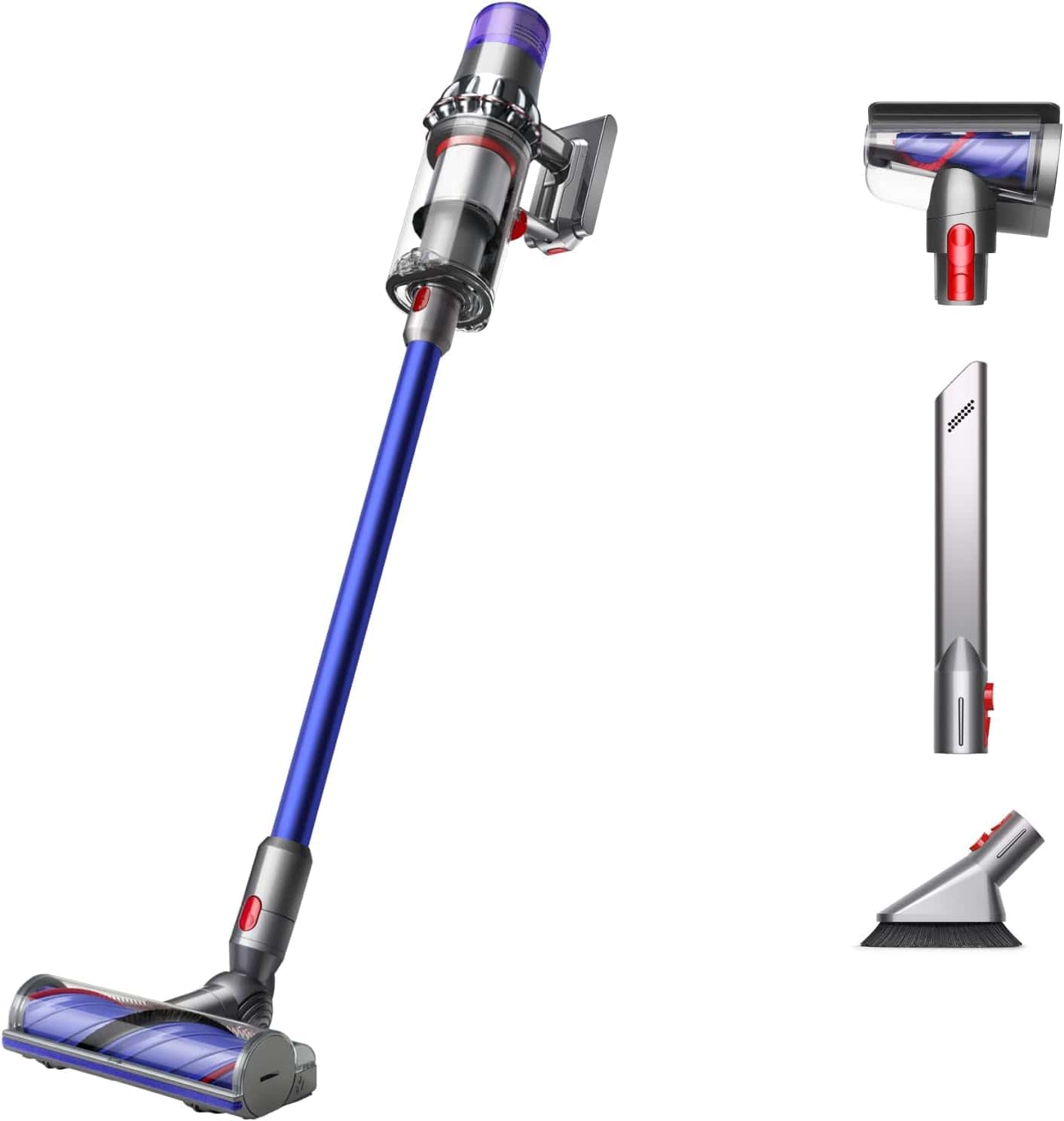 Dyson V11 Origin cordless vacuum standing next to docking station