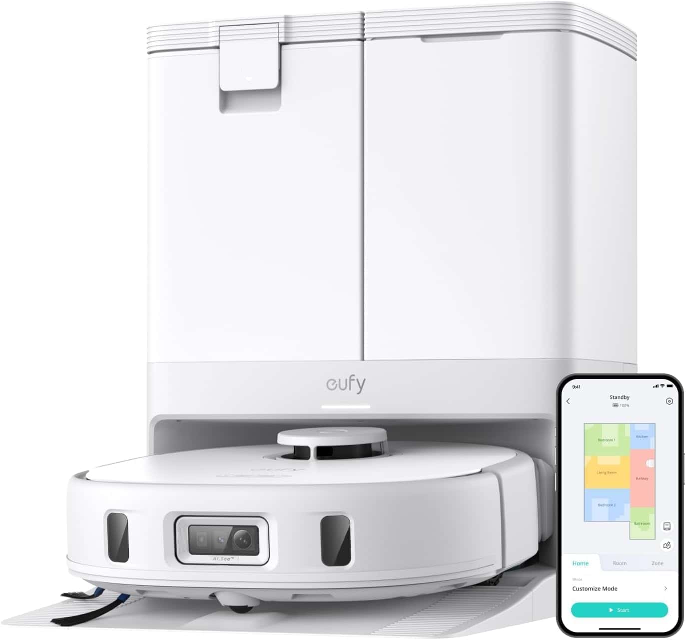 eufy X10 Pro Omni robot vacuum docked in its white cleaning base