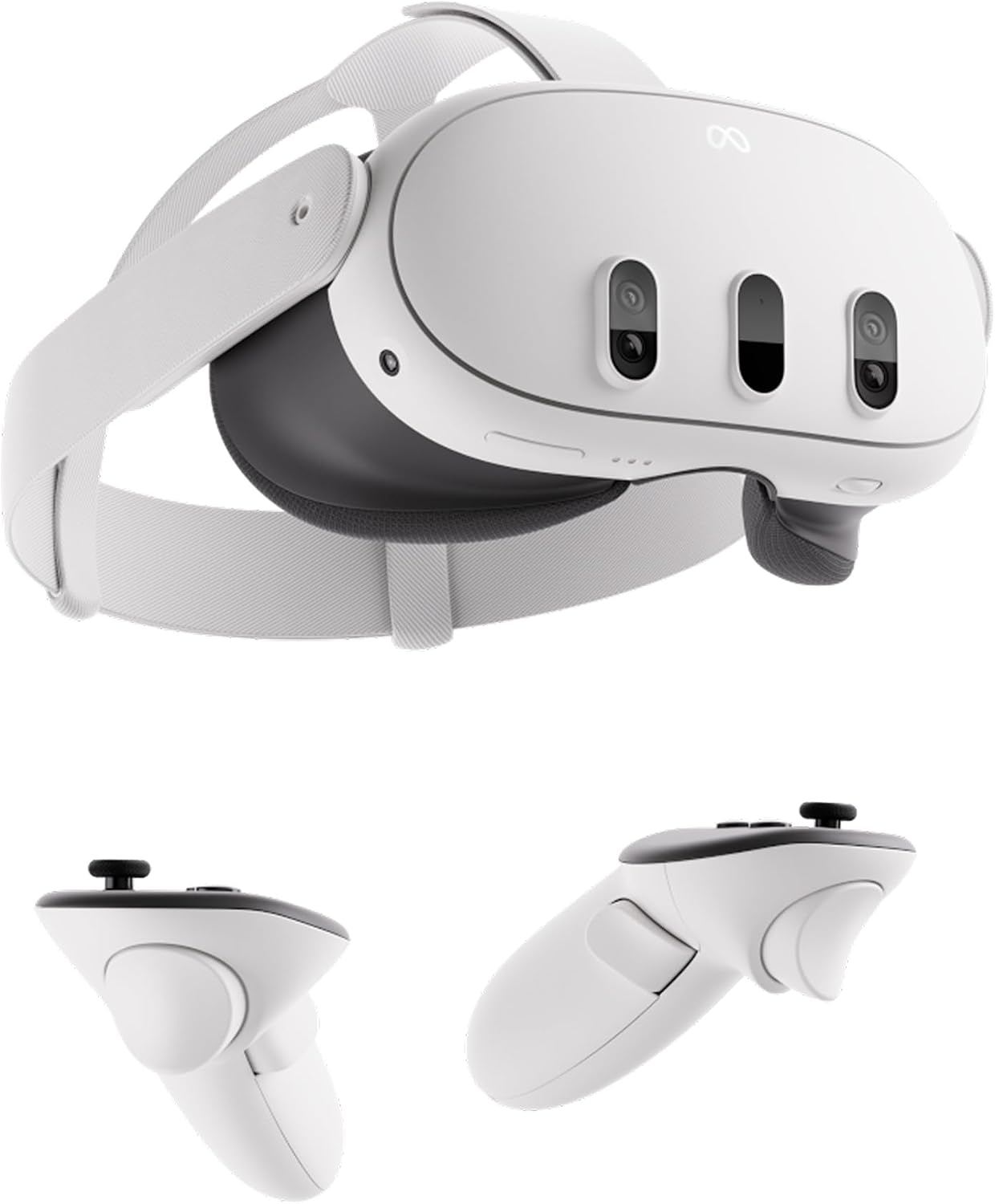 Meta Quest 3 headset with controllers placed on a living room coffee table