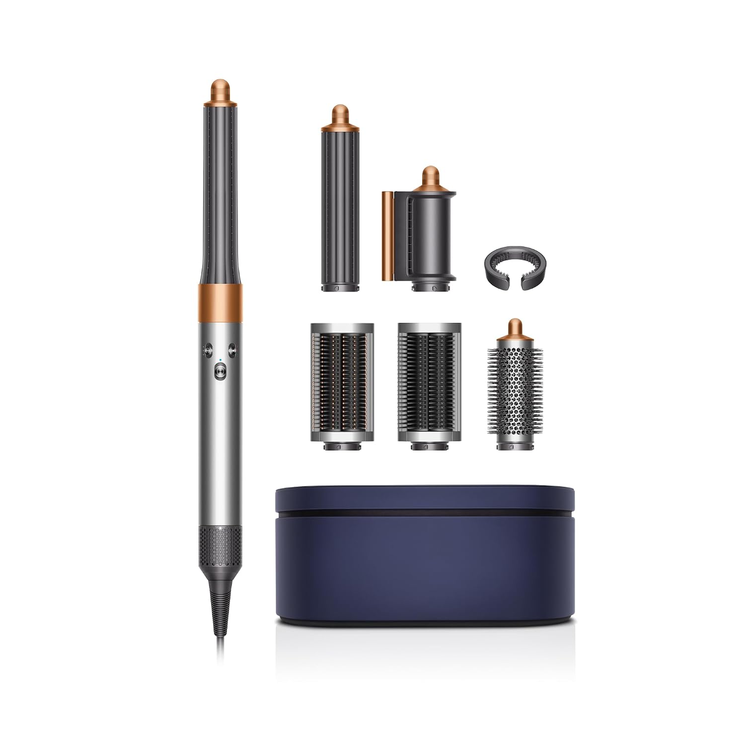 Dyson Airwrap Complete Long kit arranged on a beauty-focused vanity